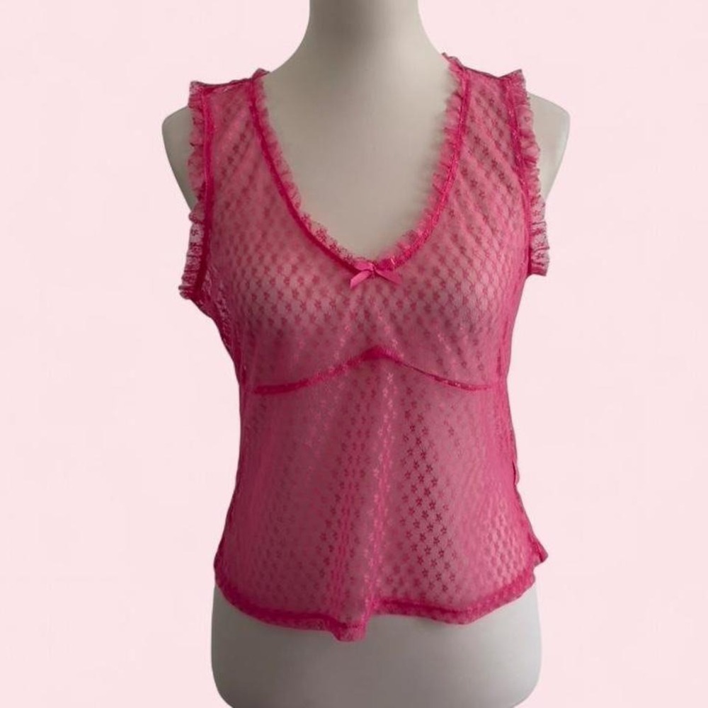 Y2K Shoe Dazzle Pink Sheer Lace Bow Cami Top —‎ Size L